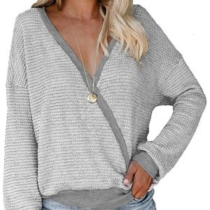 Women’s Grey Deep V-Neck Wrap Waffle Knit Top
